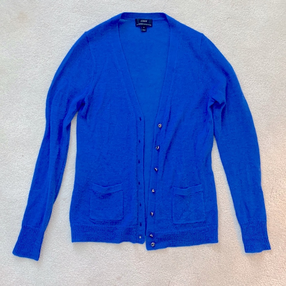 Jcrew cobalt blue sweater cardigan with olive crystal buttons